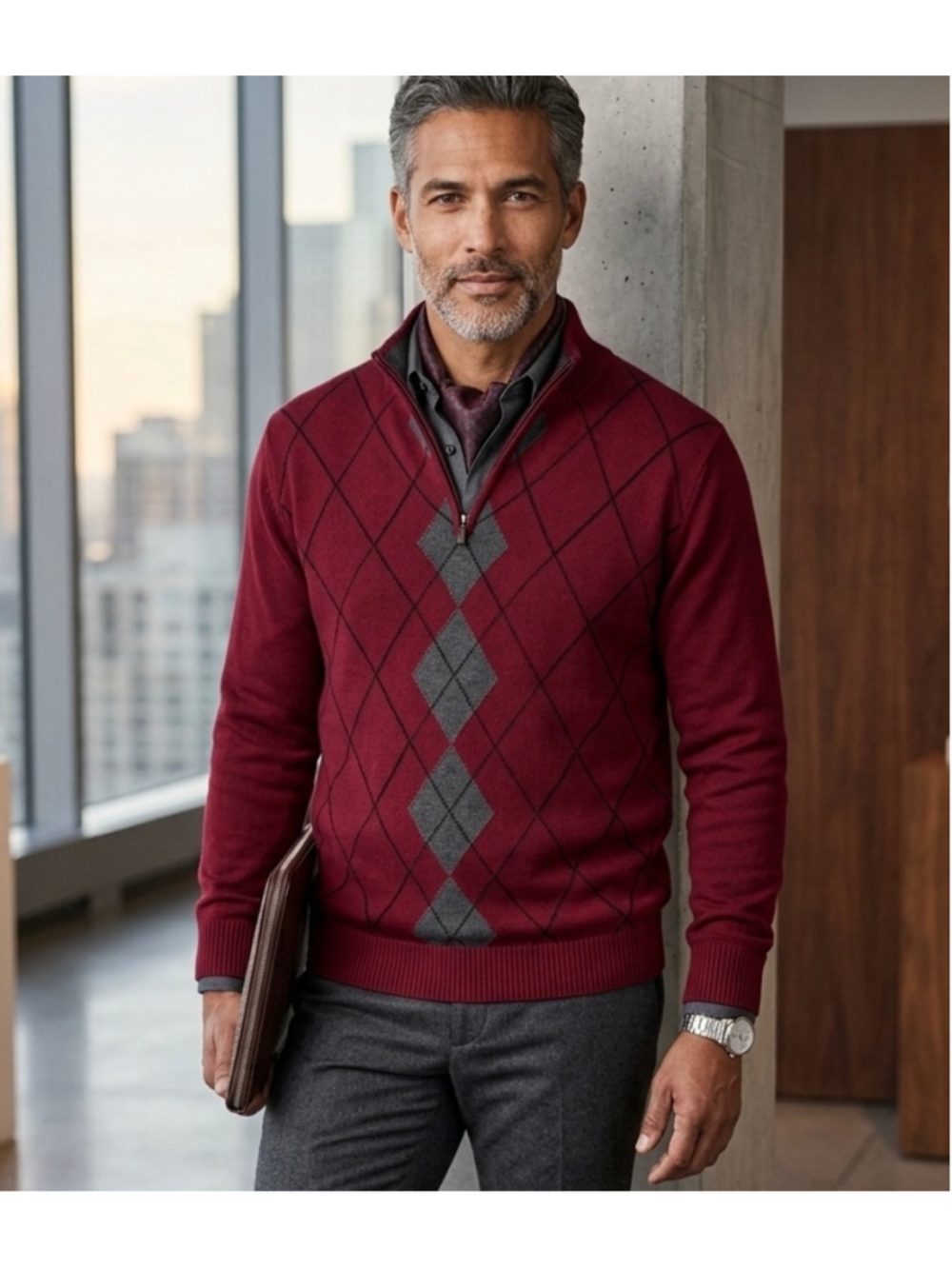 IZOD Men's Quarter Zip Sweater Red Argyle Diamond Long Sleeve Pullover 1666